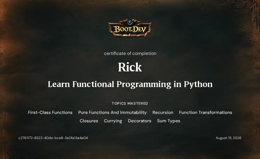 Rick's Boot.dev Learn Functional Programming in Python certificate