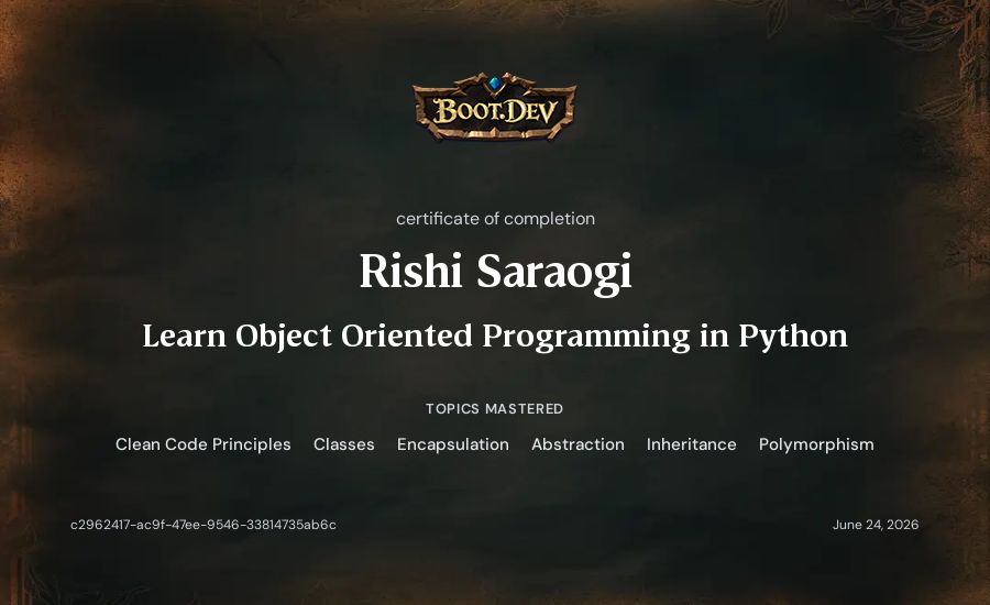 Rishi Saraogi's Boot.dev Learn Object Oriented Programming in Python certificate