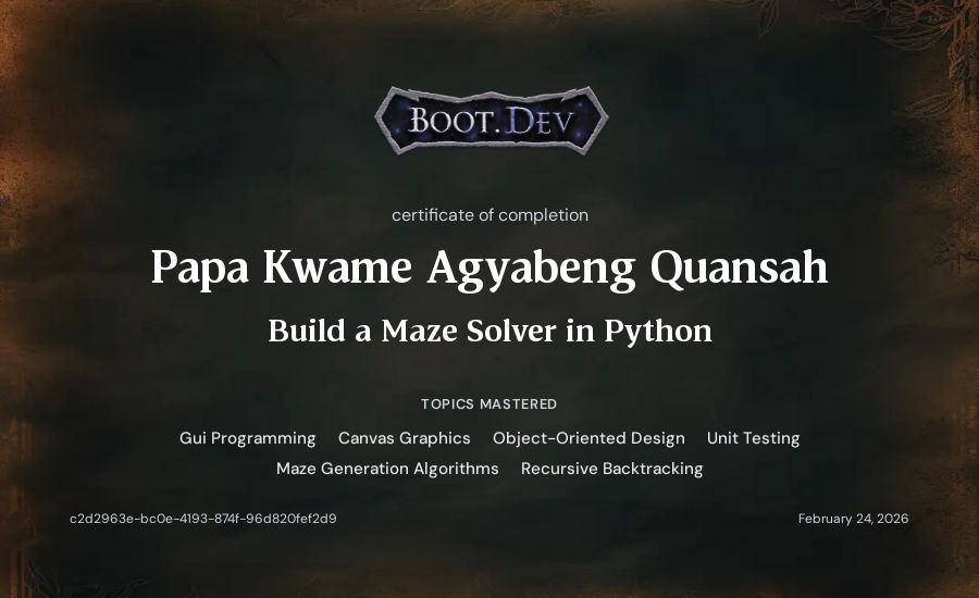 Papa Kwame Agyabeng Quansah's Boot.dev Build a Maze Solver in Python certificate