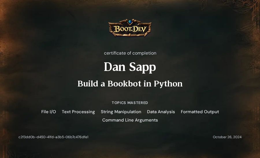 Dan Sapp's Boot.dev Build a BookBot in Python certificate
