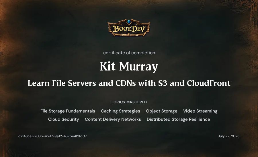 Kit Murray's Boot.dev Learn File Servers and CDNs with S3 and CloudFront certificate