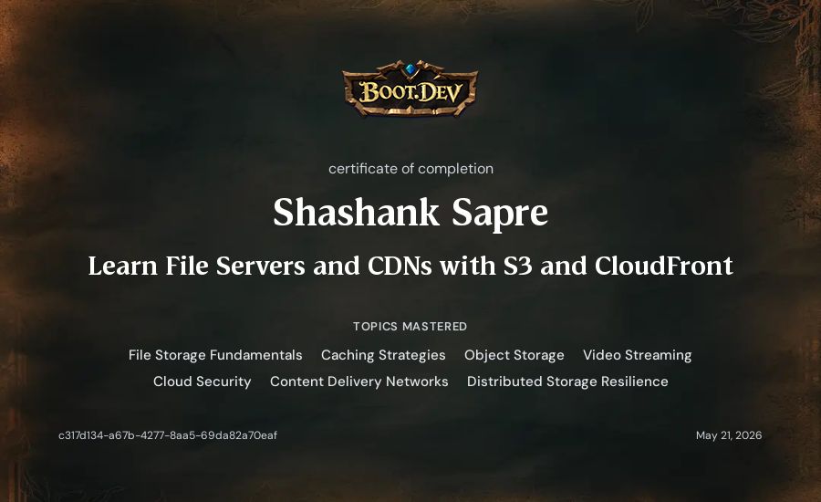 Shashank Sapre's Boot.dev Learn File Servers and CDNs with S3 and CloudFront certificate