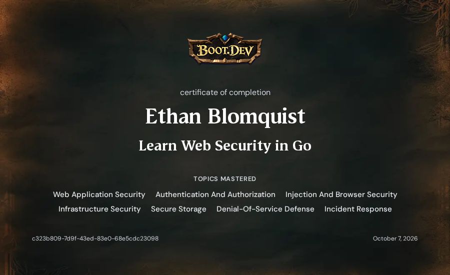 Ethan Blomquist's Boot.dev Learn Web Security in Go certificate