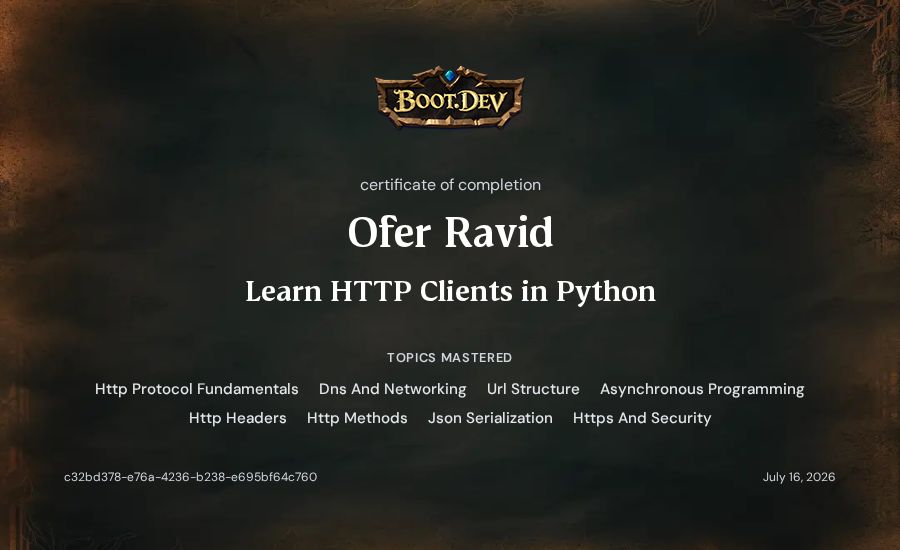 Ofer Ravid's Boot.dev Learn HTTP Clients in Python certificate