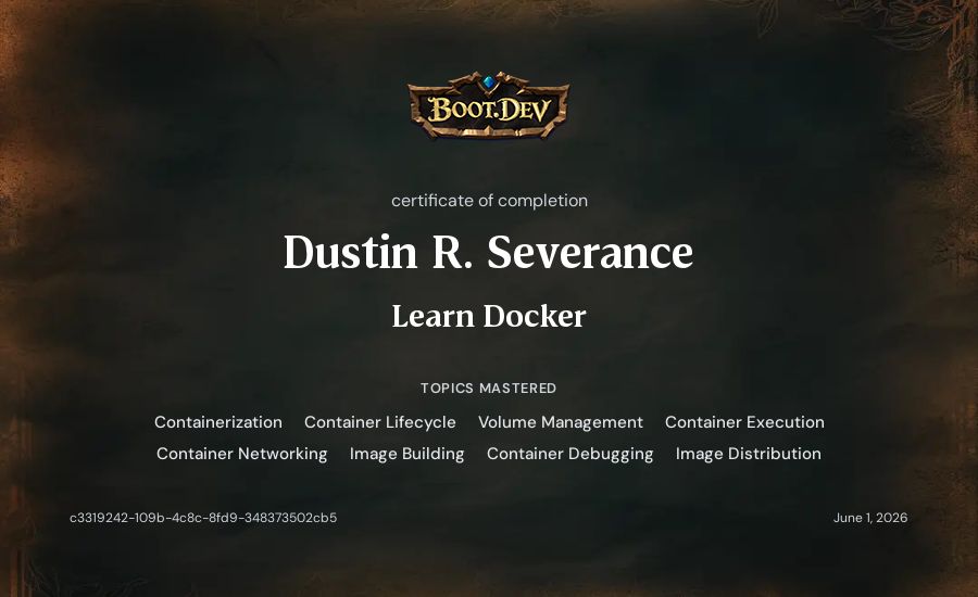 Dustin Sev's Boot.dev Learn Docker certificate