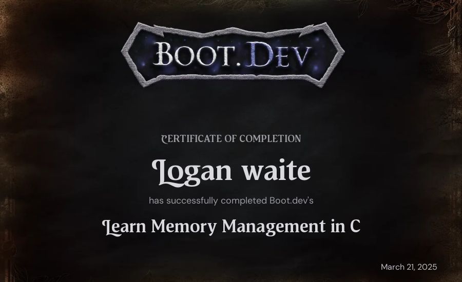 Logan waite's Boot.dev Learn Memory Management in C certificate