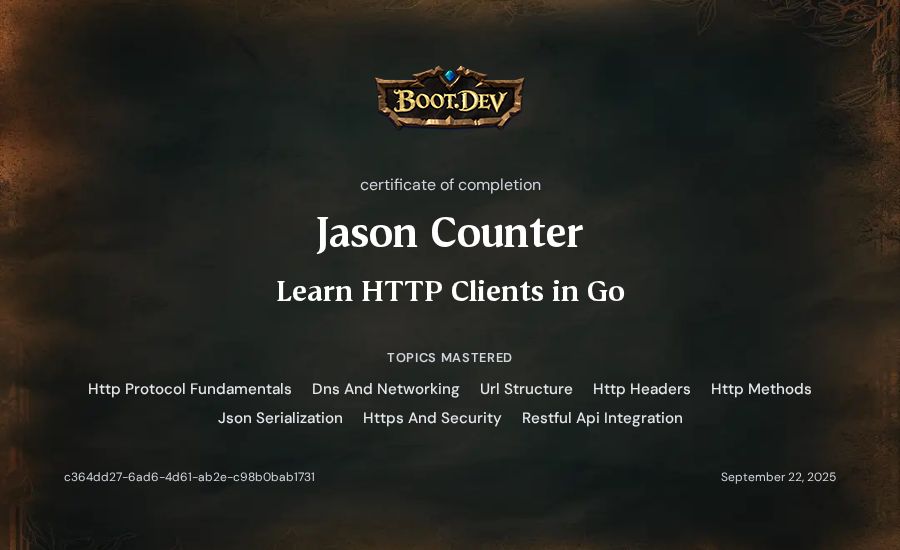 Jason Counter's Boot.dev Learn HTTP Clients in Go certificate