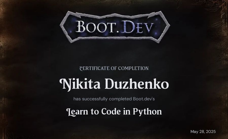 Nikita Duzhenko's Boot.dev Introduction to Python Course certificate