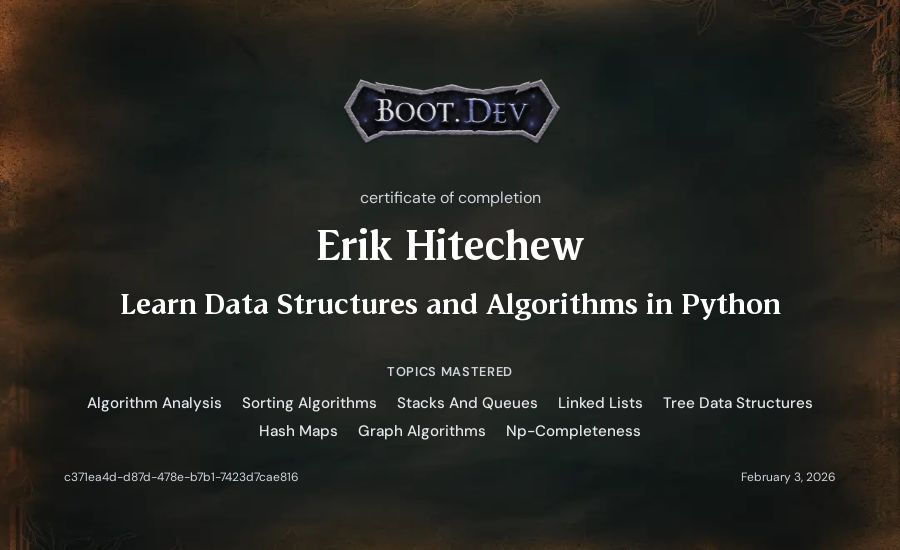 Erik Hitechew's Boot.dev Learn Data Structures and Algorithms in Python certificate