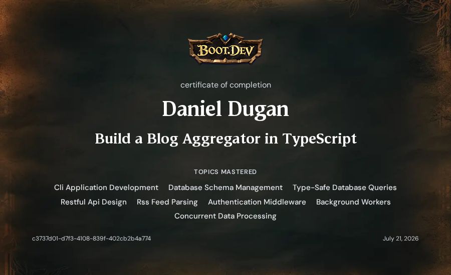 Daniel Dugan's Boot.dev Build a Blog Aggregator in TypeScript certificate