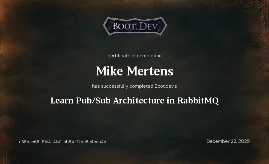 Mike Mertens's Boot.dev Learn Pub/Sub in RabbitMQ and TypeScript certificate