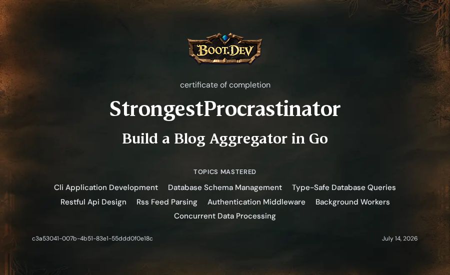 StrongestProcrastinator's Boot.dev Build a Blog Aggregator in Go certificate