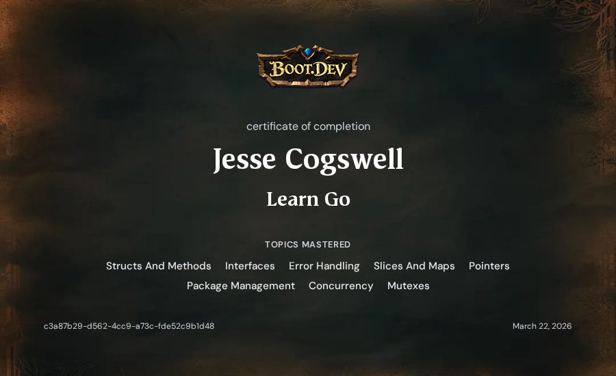 Jesse Cogswell's Boot.dev Learn Go certificate