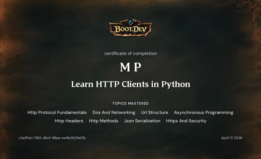 M P's Boot.dev Learn HTTP Clients in Python certificate