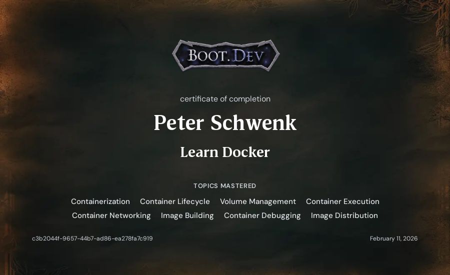 Peter Schwenk's Boot.dev Learn Docker certificate