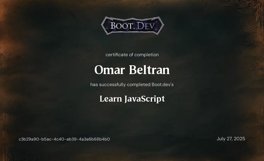 Omar Beltran's Boot.dev Learn JavaScript certificate