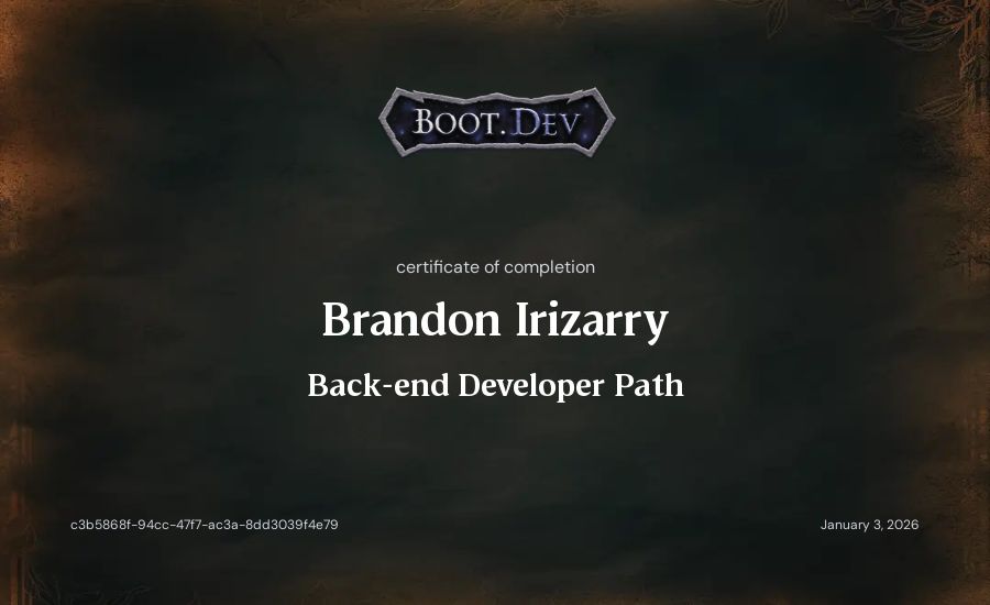 Brandon Irizarry's Boot.dev Backend Developer Path certificate