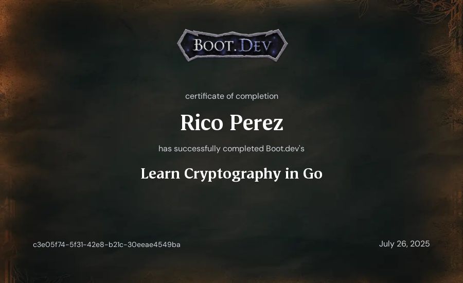 Celeste Perez's Boot.dev Learn Cryptography in Go certificate