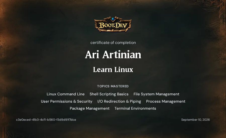 Ari Artinian's Boot.dev Learn Linux certificate