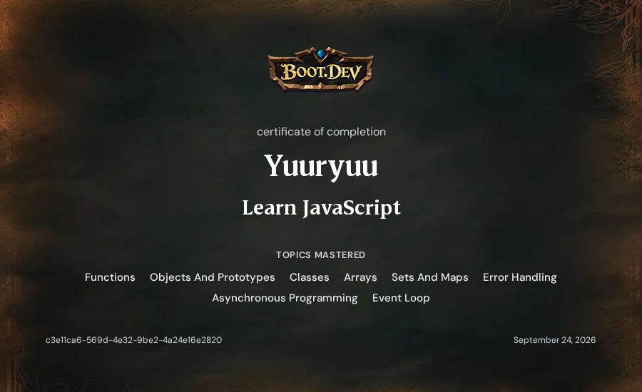 Yuuryuu's Boot.dev Learn JavaScript certificate