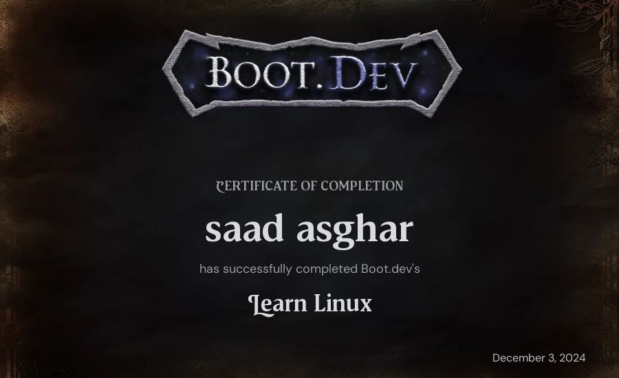 saad asghar's Boot.dev Learn Linux certificate