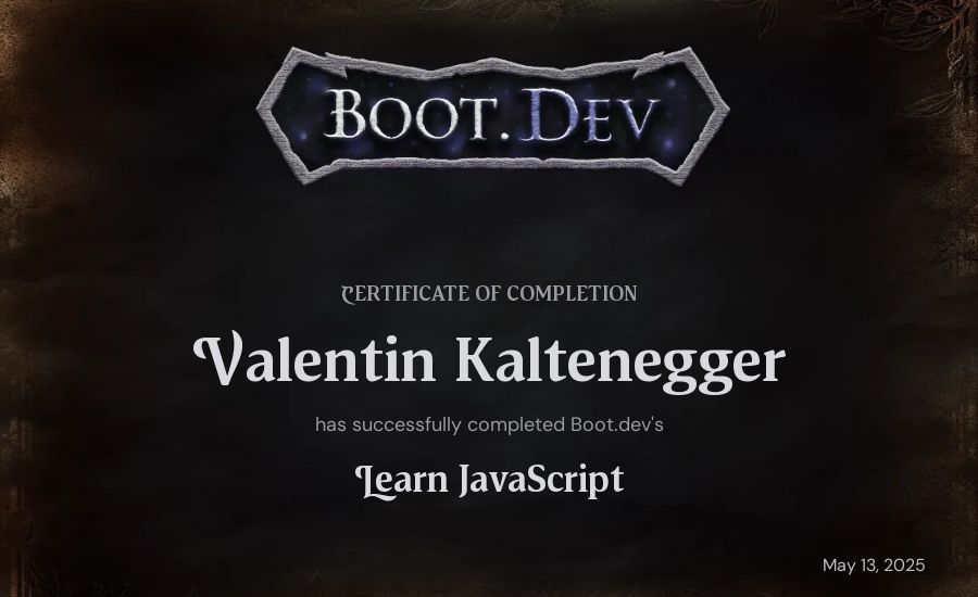 Valentin Kaltenegger's Boot.dev Learn JavaScript certificate