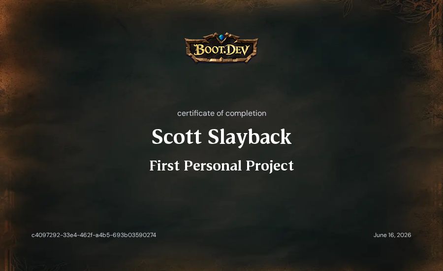Scott Slayback's Boot.dev First Personal Project certificate