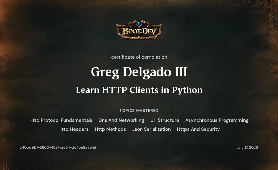Greg Delgado III's Boot.dev Learn HTTP Clients in Python certificate