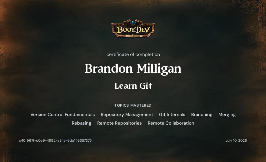 Brandon Milligan's Boot.dev Learn Git certificate