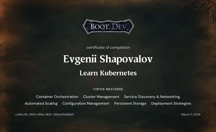 Evgenii Shapovalov's Boot.dev Learn Kubernetes certificate