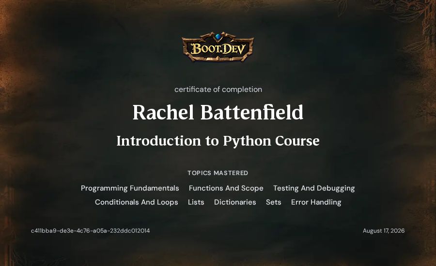 Rachel Battenfield's Boot.dev Introduction to Python Course certificate