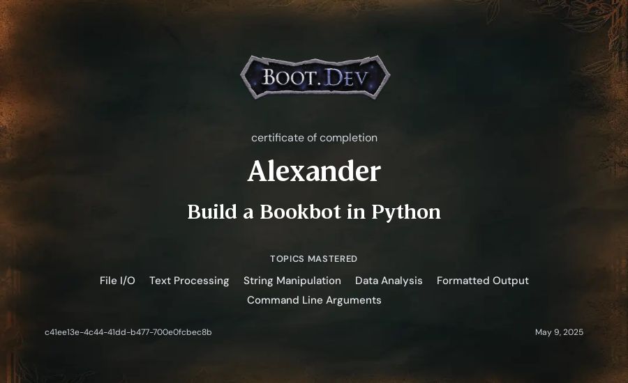 Alexander's Boot.dev Build a BookBot in Python certificate