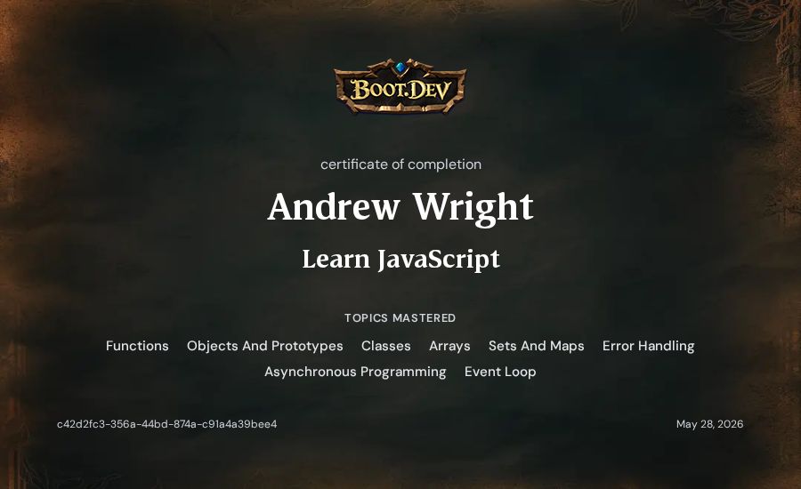 Andrew Wright's Boot.dev Learn JavaScript certificate
