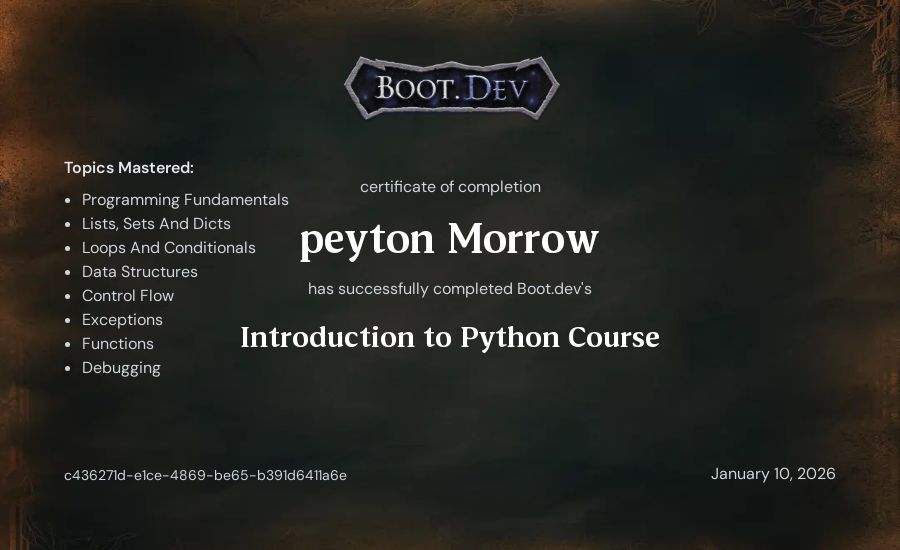peyton Morrow's Boot.dev Introduction to Python Course certificate
