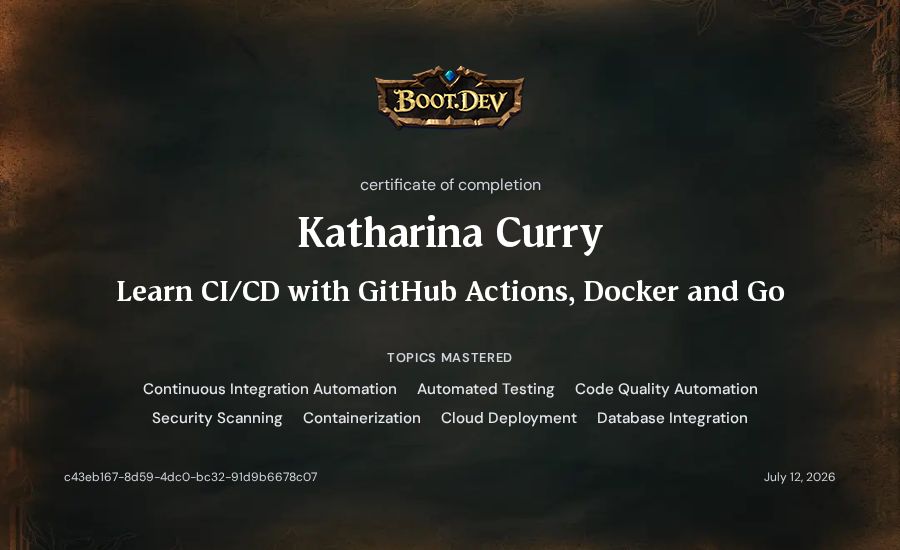 Katharina Curry's Boot.dev Learn CI/CD with GitHub Actions, Docker and Go certificate
