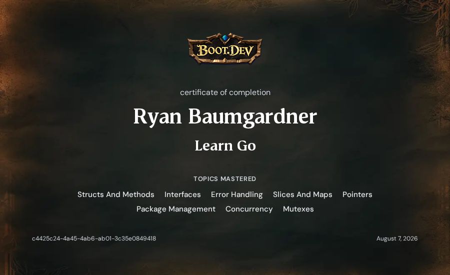 Ryan Baumgardner's Boot.dev Learn Go certificate