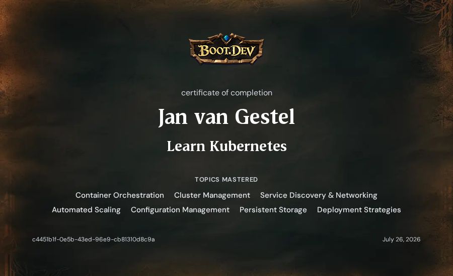 Jan van Gestel's Boot.dev Learn Kubernetes certificate