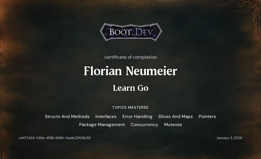 Florian Neumeier's Boot.dev Learn Go certificate