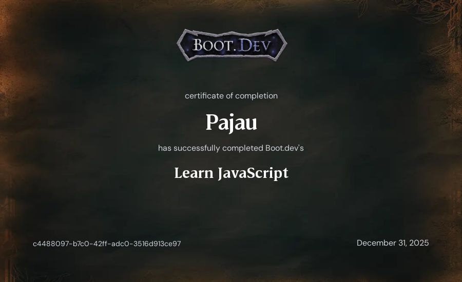 Pajau's Boot.dev Learn JavaScript certificate