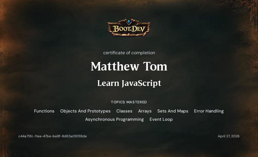 Matthew Tom's Boot.dev Learn JavaScript certificate