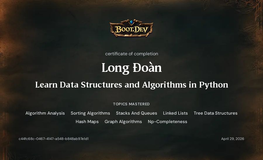 Long Đoàn's Boot.dev Learn Data Structures and Algorithms in Python certificate