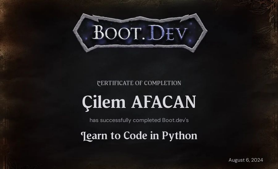 Çilem AFACAN's Boot.dev Introduction to Python Course certificate