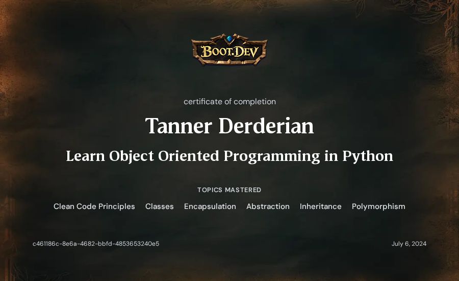 Tanner Derderian's Boot.dev Learn Object Oriented Programming in Python certificate