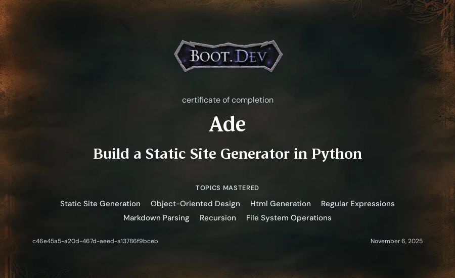 Ade's Boot.dev Build a Static Site Generator in Python certificate