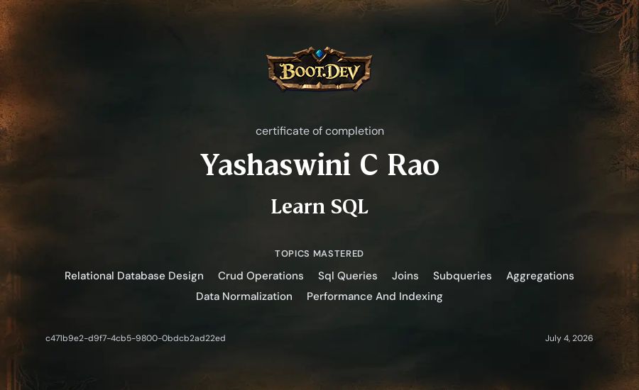 Yashaswini C Rao's Boot.dev Learn SQL certificate