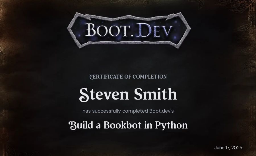 Steven Smith's Boot.dev Build a BookBot in Python certificate