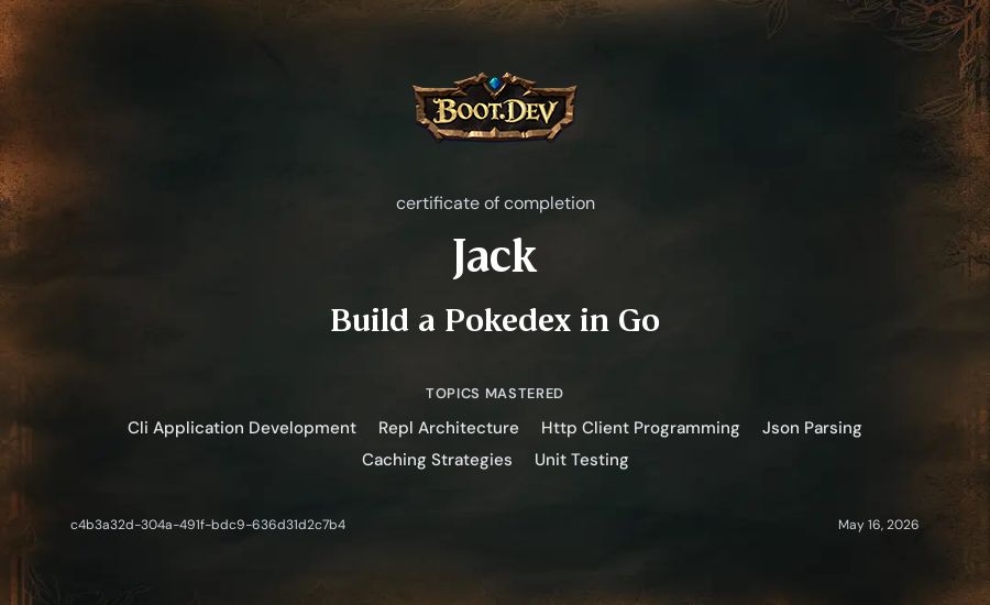 Jack's Boot.dev Build a Pokedex in Go certificate