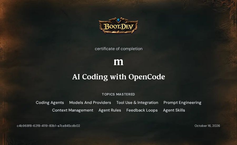 m's Boot.dev AI Coding with OpenCode certificate