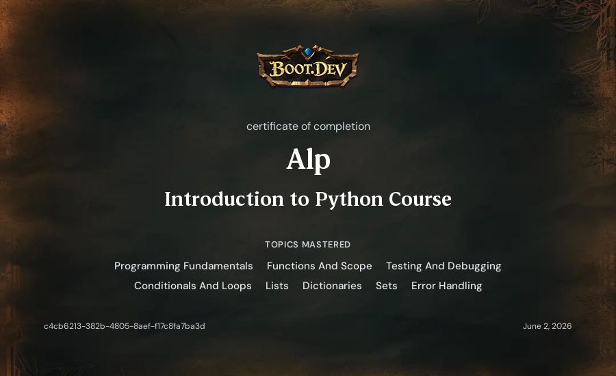 Alp's Boot.dev Introduction to Python Course certificate