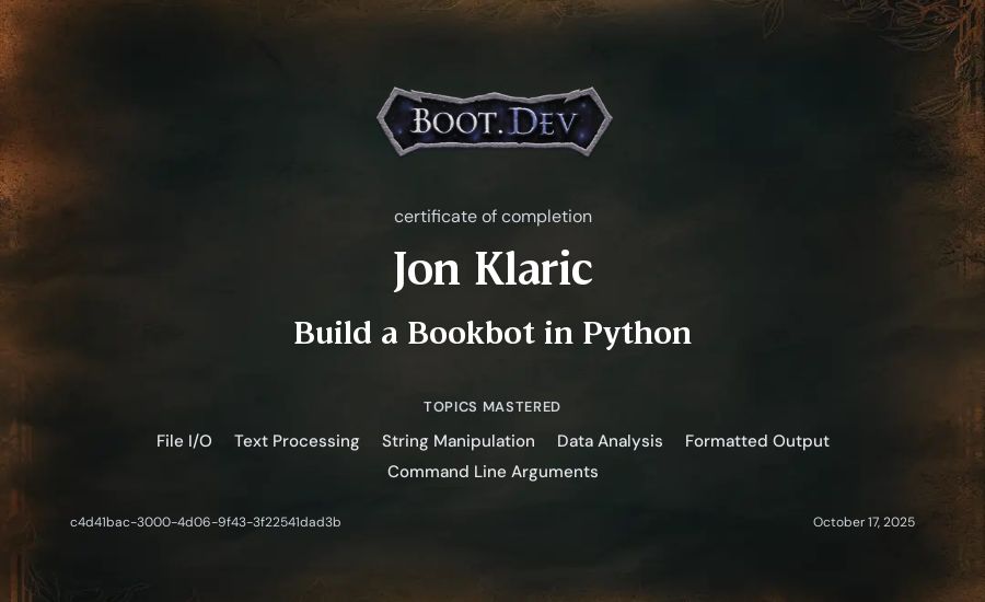Jon Klaric's Boot.dev Build a BookBot in Python certificate